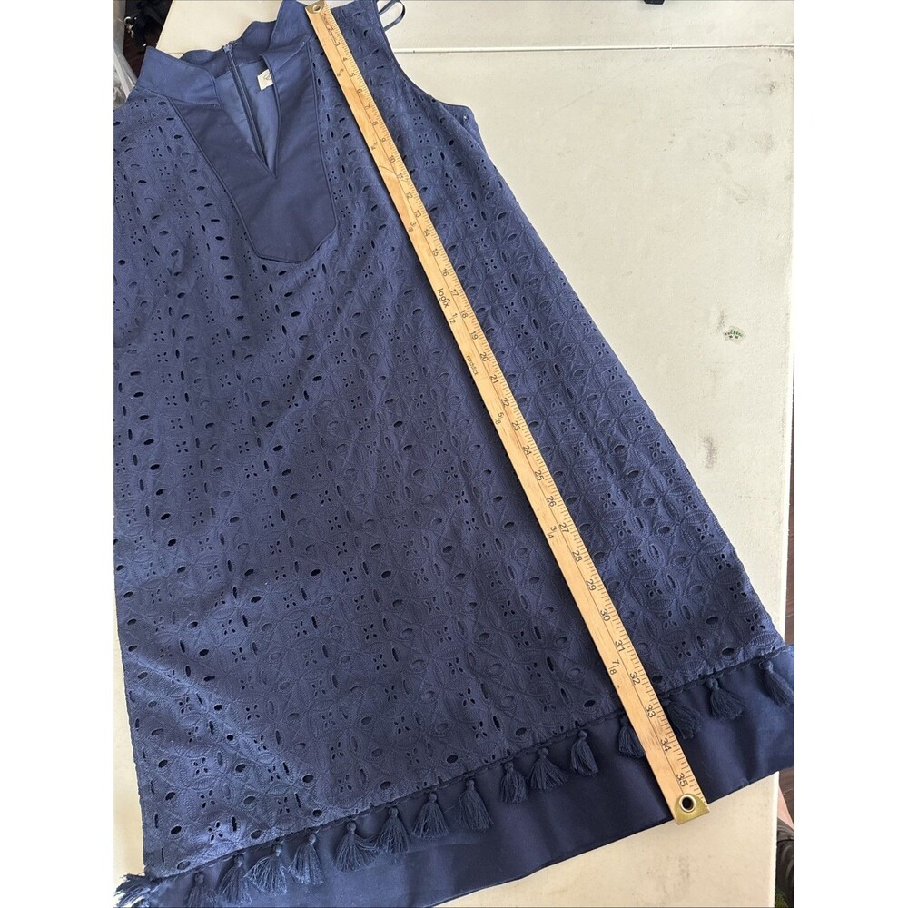 Eliza J Size 12 Navy Blue Eyelet Tassel Shift Split Mandarin Collar Sleeveless - Picture 11 of 14